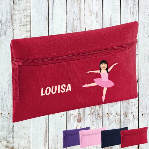 red pencil case with ballerina image