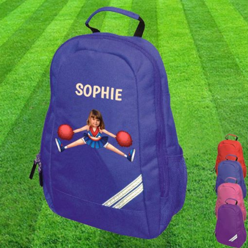 blue backpack with cheerleader image