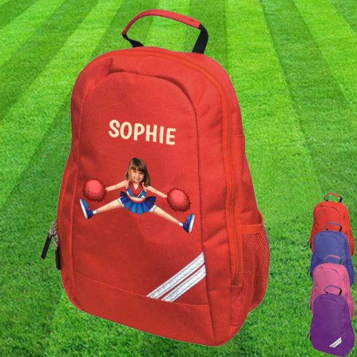 red backpack with cheerleader image