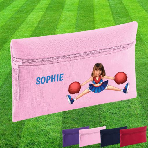 pink pencil case with cheerleader image