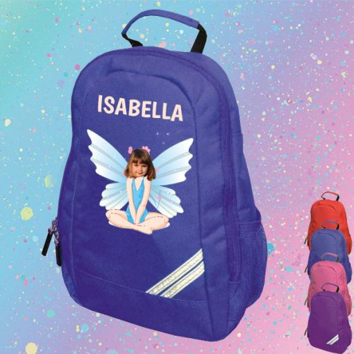 blue backpack with fairy image