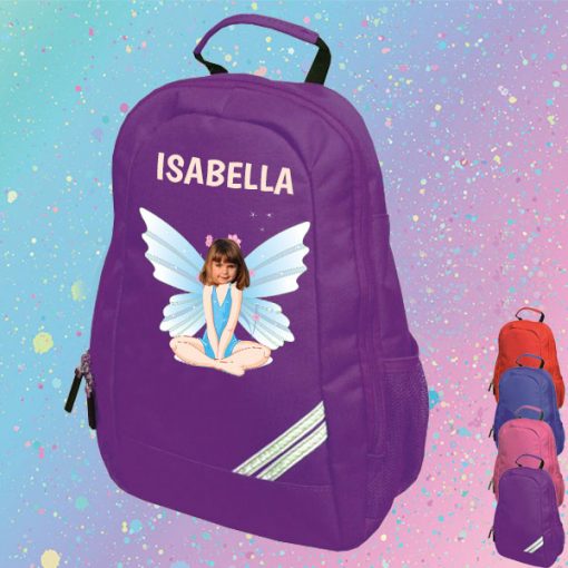 purple backpack with fairy image