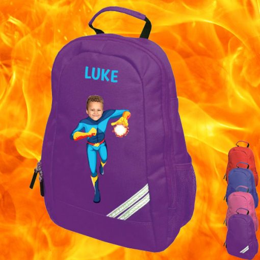 purple backpack with fireboy image