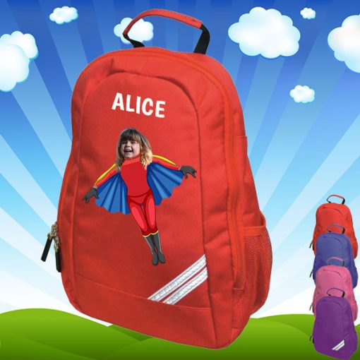 red backpack with flygirl image