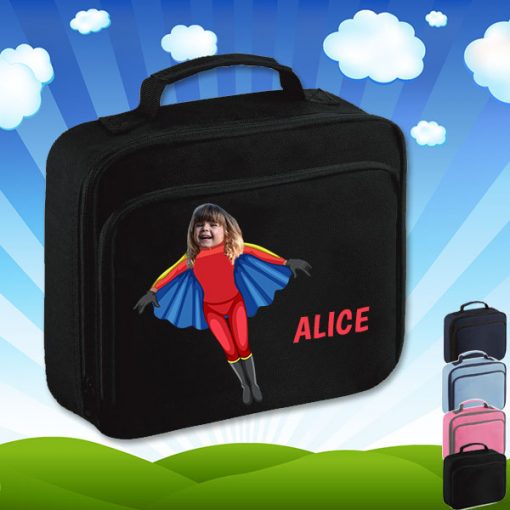 black lunch bag with flygirl superhero image