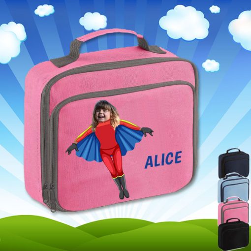 pink lunch bag with flygirl superhero image