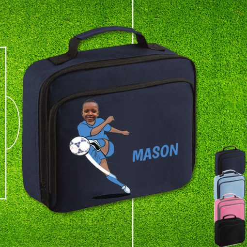 navy lunch bag with footballer image
