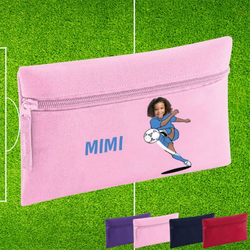 pink pencil case with footballer image