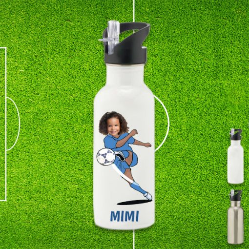 white water bottle with footballer image
