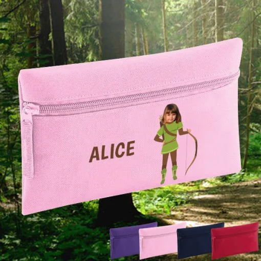 pink pencil case with robin hood image