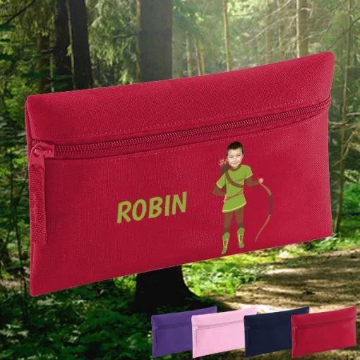 red pencil case with robin hood image