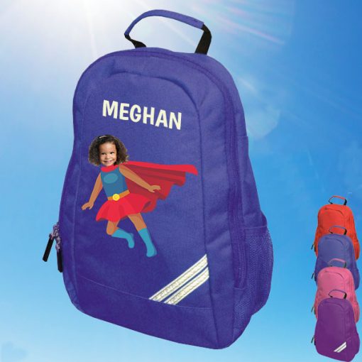 blue backpack with supergirl image