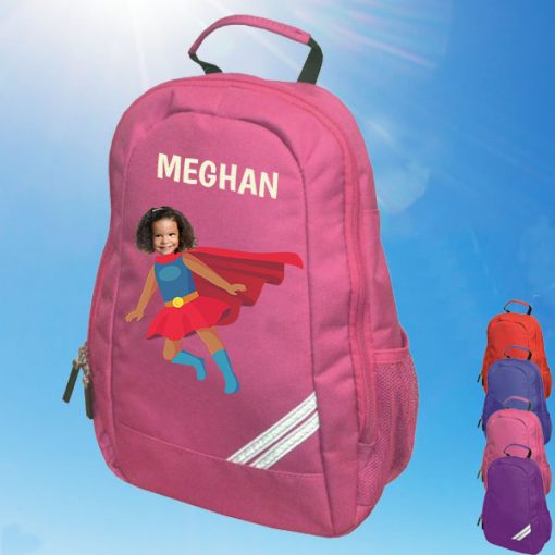 pink backpack with supergirl image